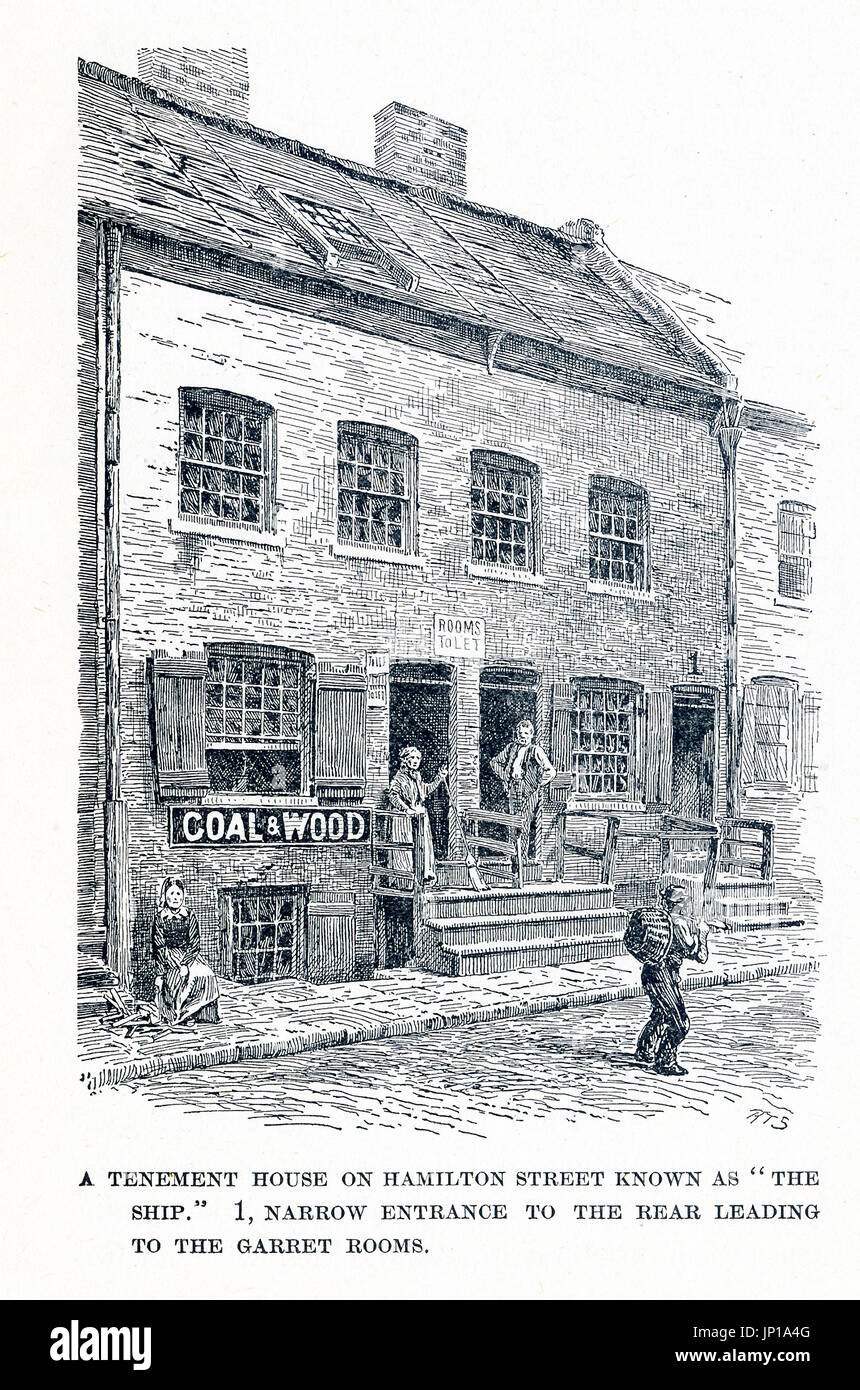 A tenement house on Hamilton Street in New York City that was known as 'The Ship' - a narrow entrance to the rear leading to the garret rooms. Nearby was the Water Street Mission. This illustration dates to 1899. Stock Photo