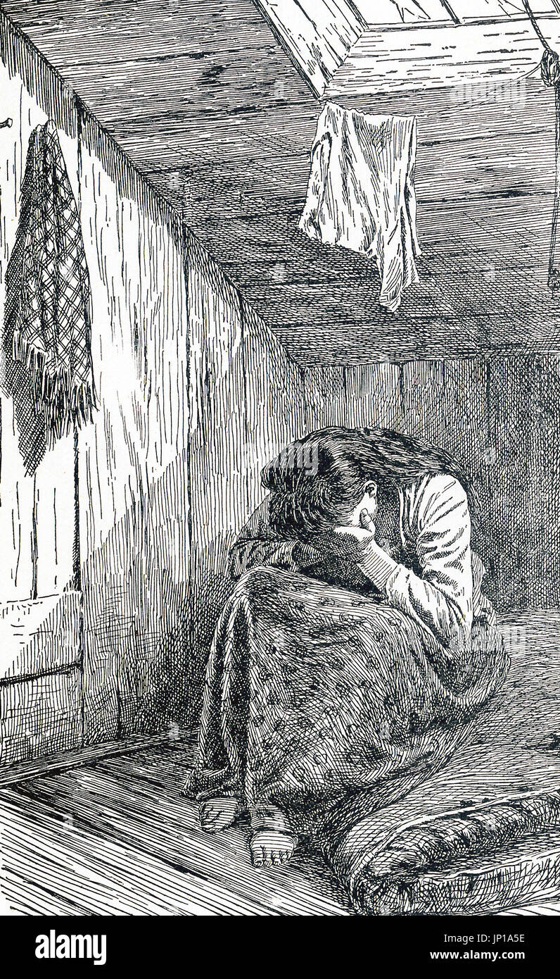 This illustration dates to 1899. The caption reads: A room and its occupant as found in the garret of "The Ship." This tenement house on Hamilton Street in New York City  was known as "The Ship" - a narrow entrance to the rear leads to the garret rooms. Nearby was the Water Street Mission. Stock Photo