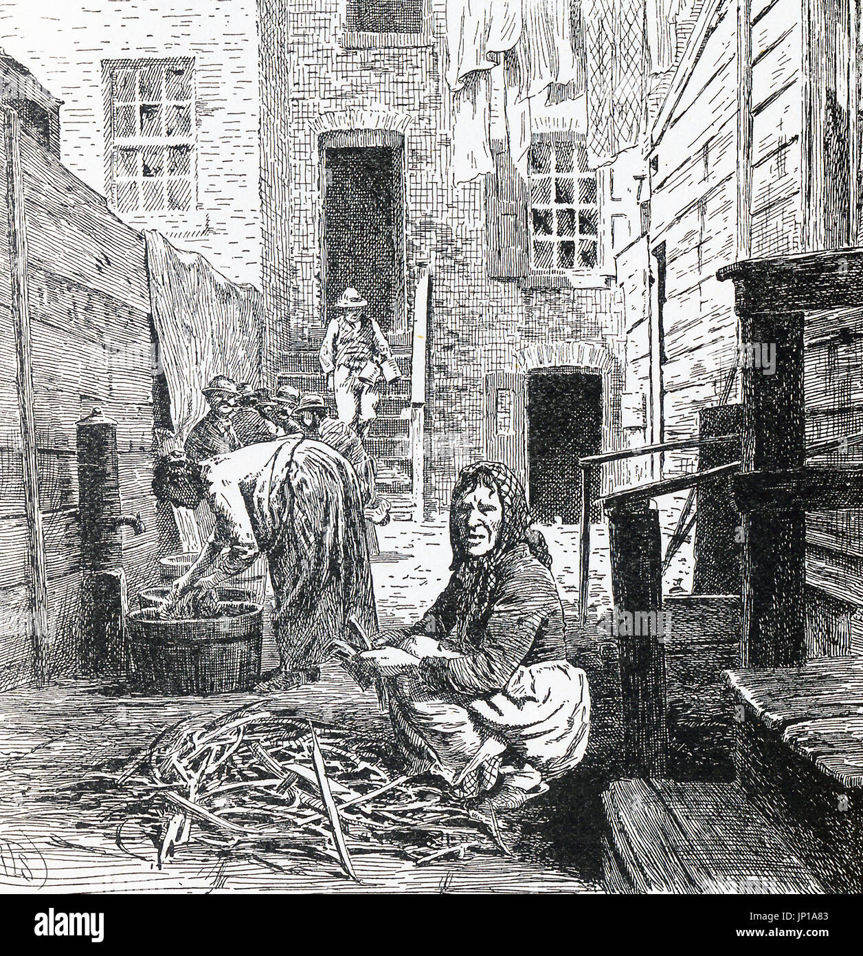 This illustration dates to 1899 and shows an everyday scene in a Tenement House alley in New York City. Nearby was the Water Street Mission. Stock Photo