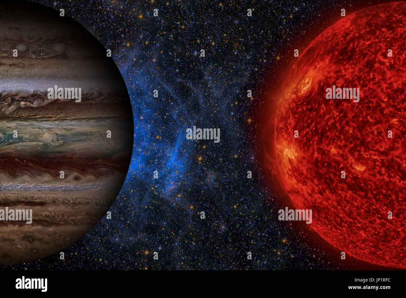 Solar System - Jupiter. It is the fifth planet from the Sun and the largest in the Solar System. Its a giant planet with a mass one-thousandth that of Stock Photo