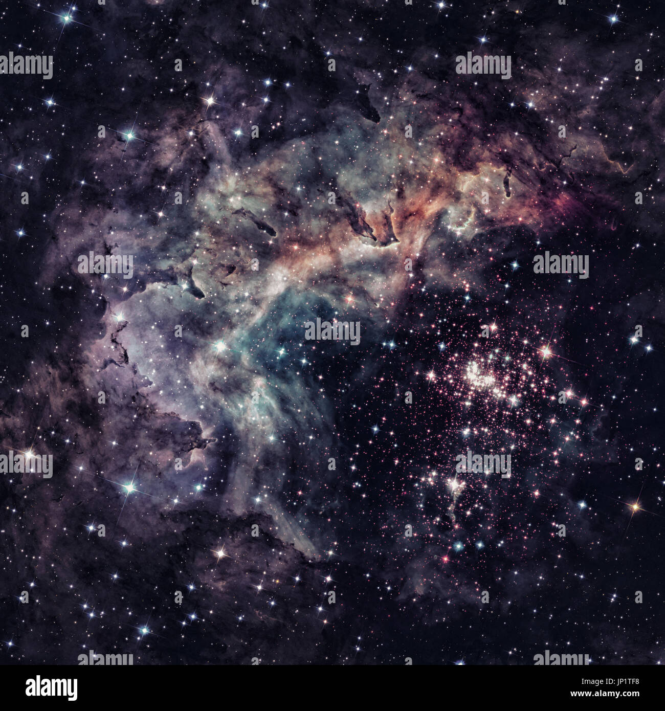 Westerlund 2 is an obscured compact young star cluster in the Milky Way. Super star cluster in the constellation Carina. Retouched image with small DO Stock Photo