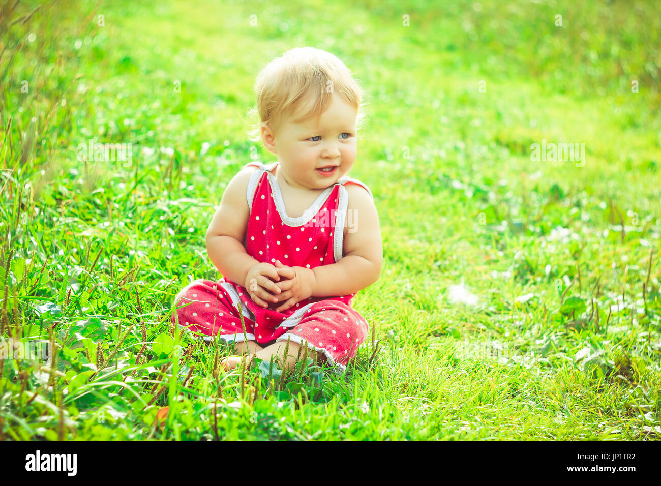 Little girl in a dress sitting on the grass Stock Photo - Alamy