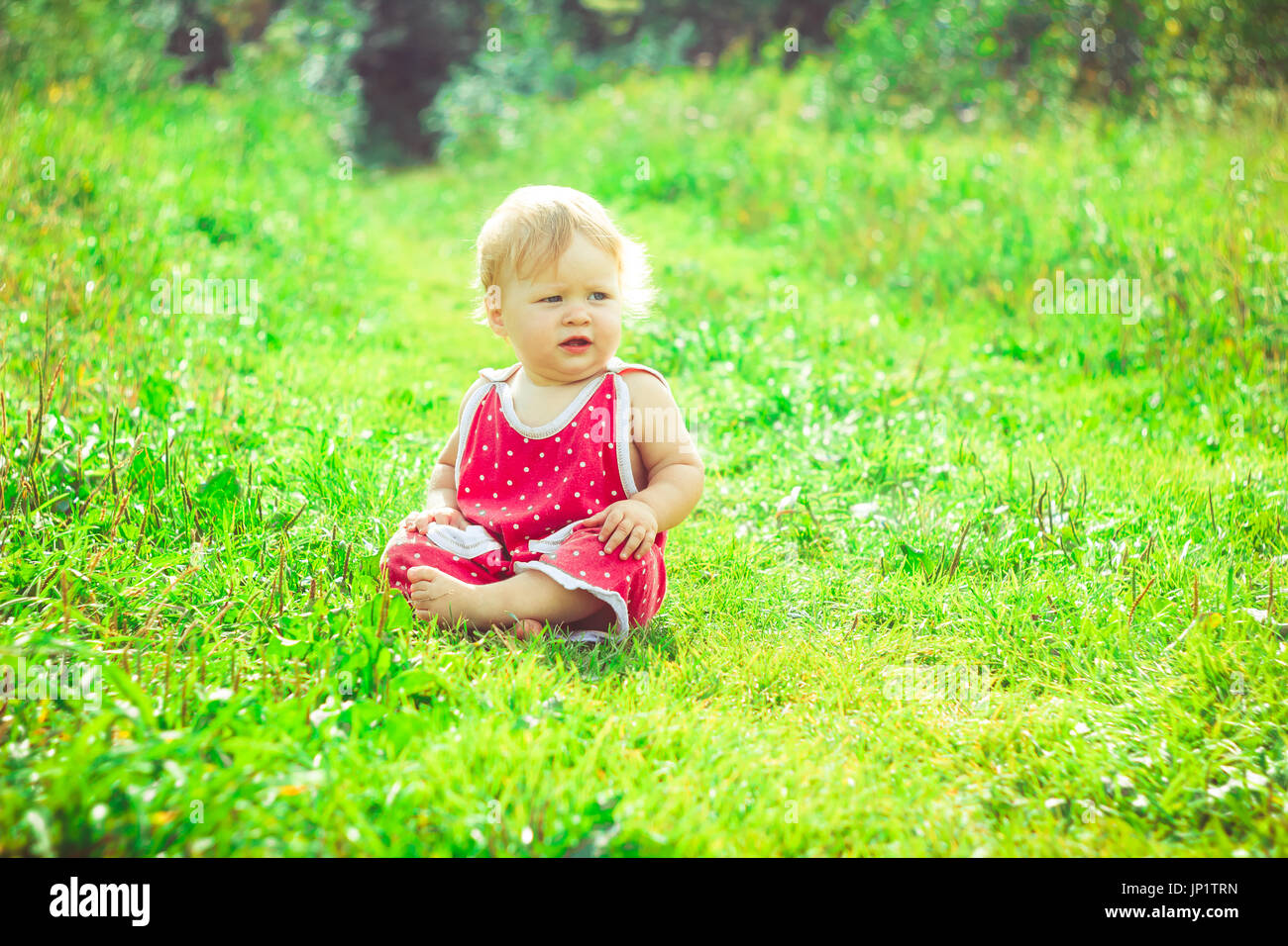Little girl in a dress sitting on the grass Stock Photo - Alamy