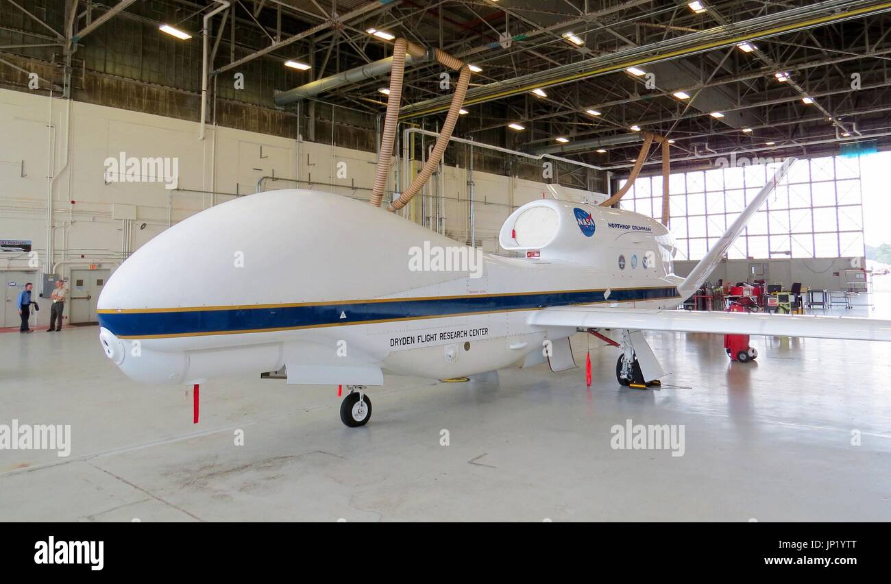 WALLOPS, United States - The National Aeronautics and Space Administration unveils a Global Hawk drone for hurricane observation at NASA's Wallops Flight Facility in Virginia on Sept. 10, 2013. (Kyodo) Stock Photo