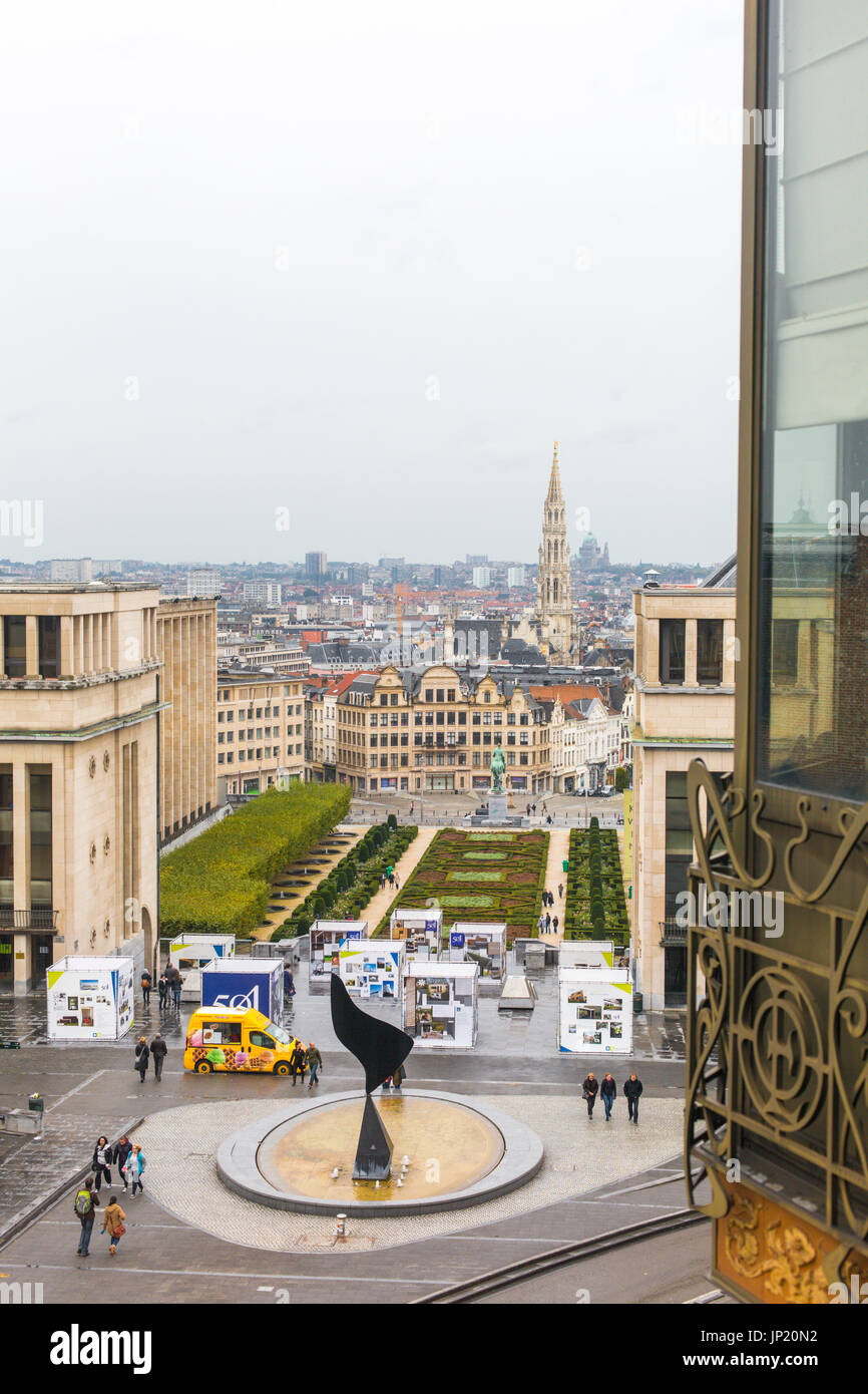 Brussels, Belgium - October 13, 2013: Place de l'Albertine and the Mont des Arts, Brussels, Belgium, Cathedral of St Michael and St. Gudula in the distance. Stock Photo
