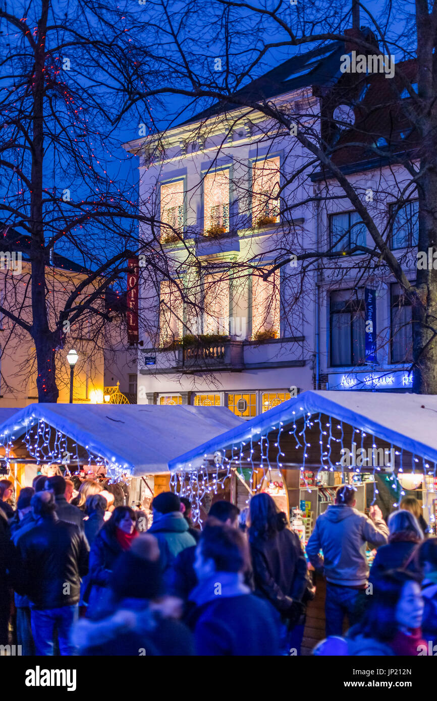 Brussels, Belgium - December 8, 2013: Christmas markets and lights in Place Sainte-Catherine, Brussels, Belgium Stock Photo