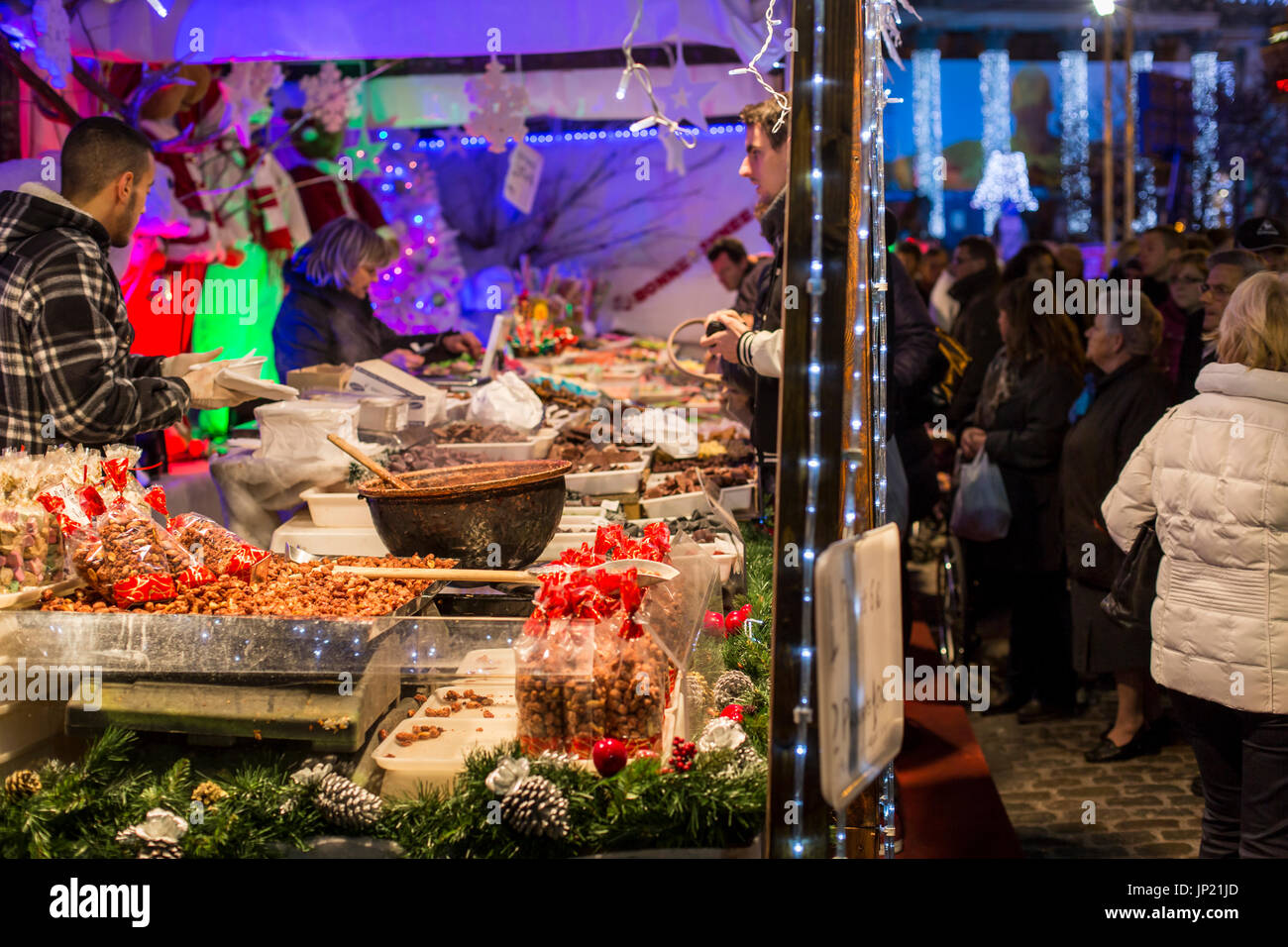 Brussels, Belgium - December 8, 2013: Christmas market food stall at Winter Wonder in Brussels, Belgium Stock Photo