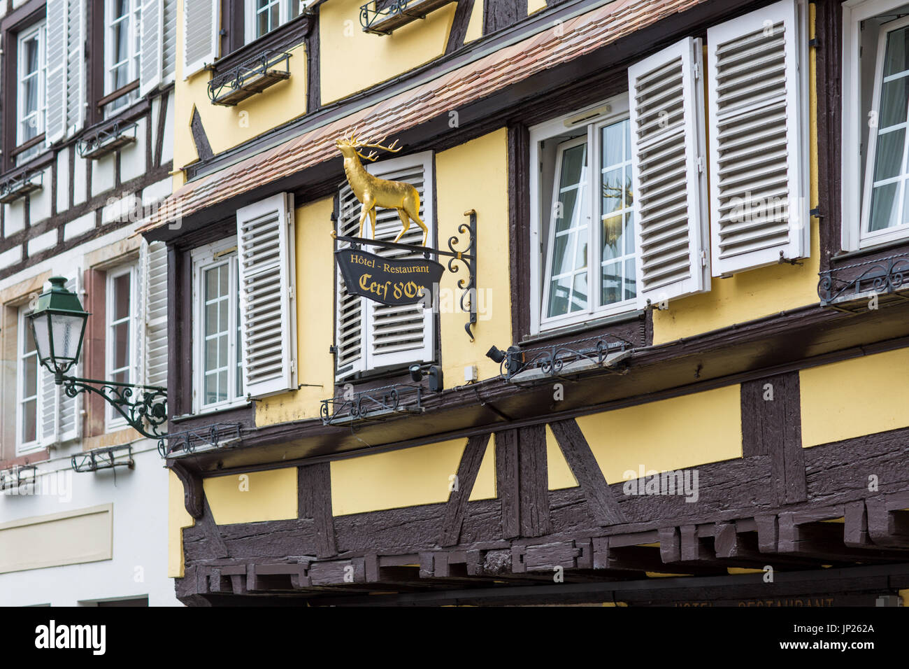 Strasbourg, Alsace, France - May 3, 2014: Hotel Cerf d'Or, typical half timbered building of the Alsace in Strasbourg. Strasbourg is the capital of the Grand Est region (formerly Alsace) of France and the official seat of the European Union. Stock Photo
