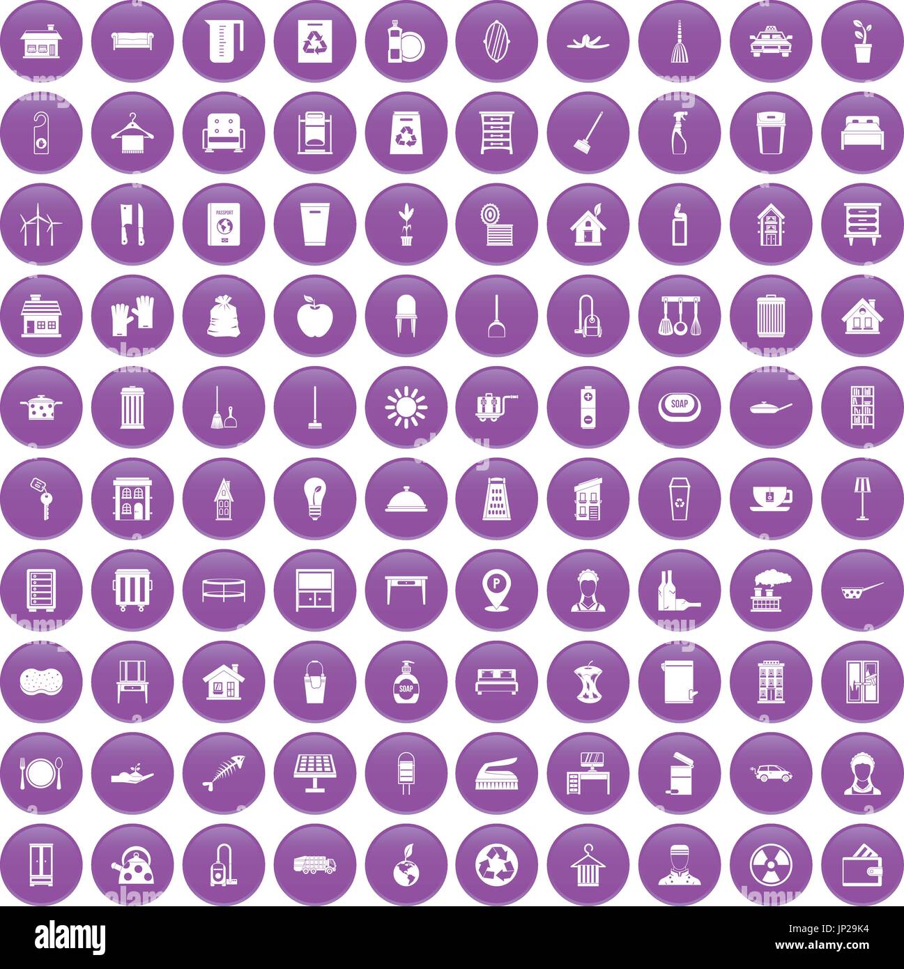 100 cleaning icons set purple Stock Vector
