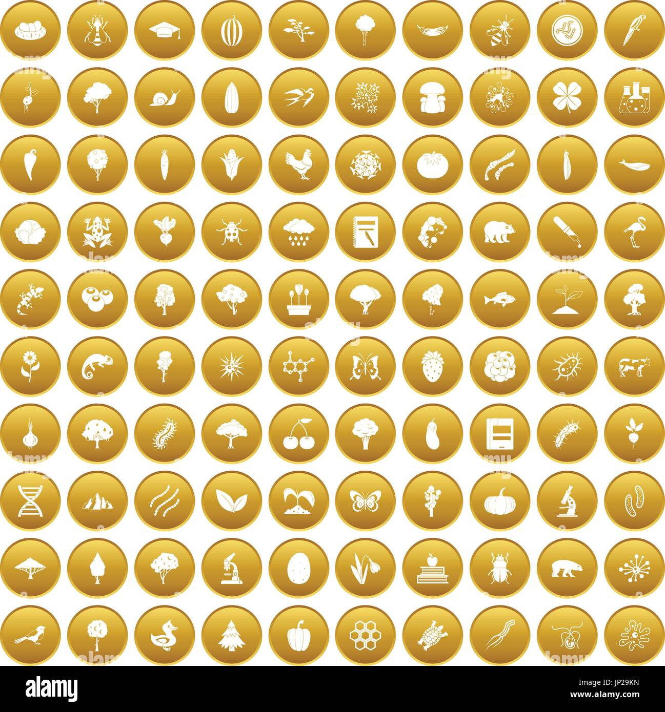100 microbiology icons set gold Stock Vector
