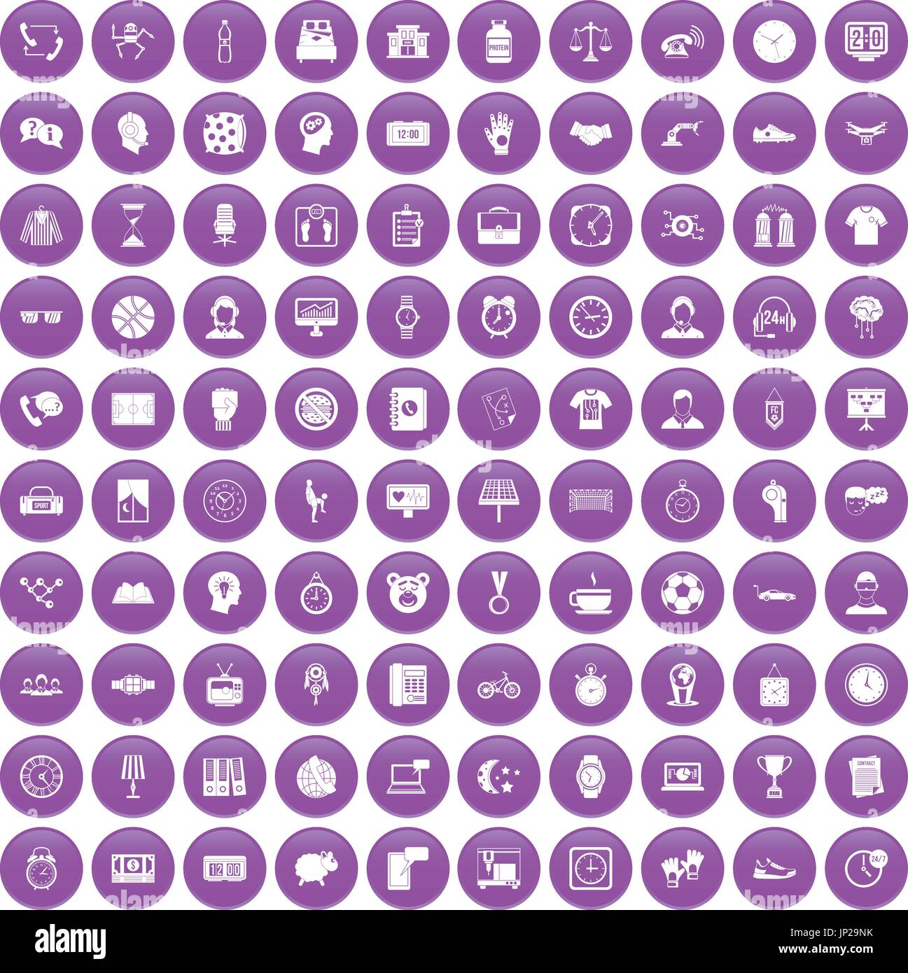 100 clock icons set purple Stock Vector
