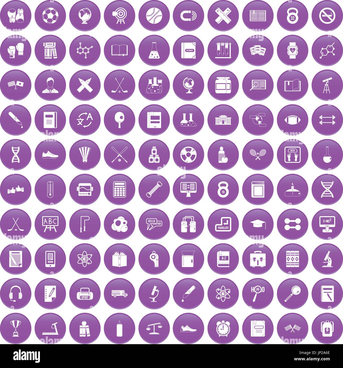 100 college icons set purple Stock Vector