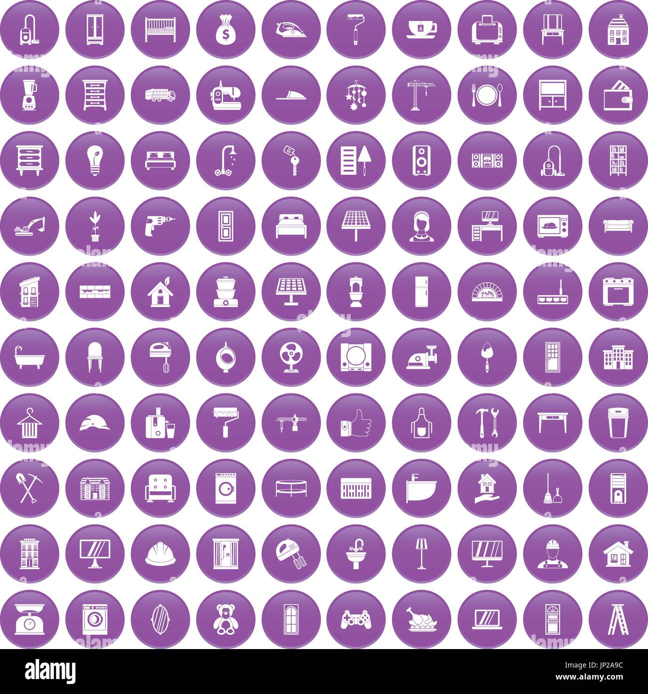 100 comfortable house icons set purple Stock Vector