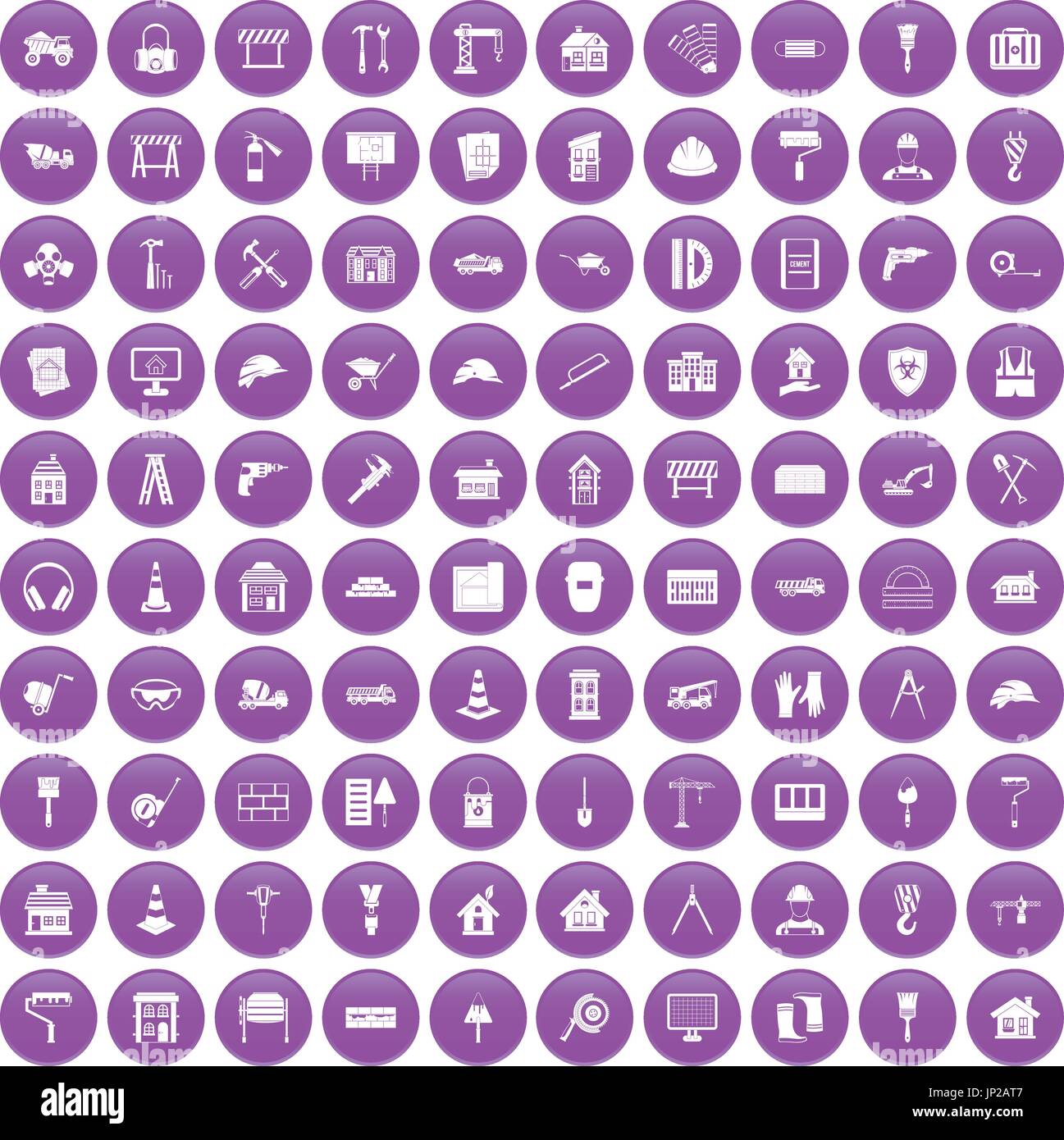 100 construction icons set purple Stock Vector