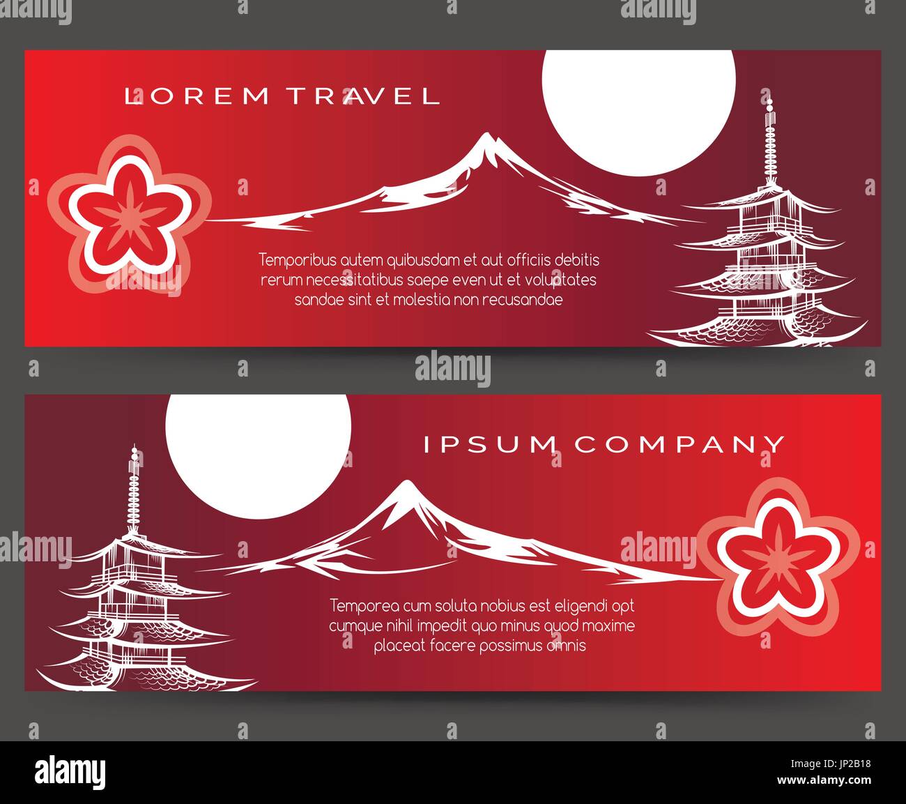 Asian japanese banners with pagoda and fuji mount. Vector red banner