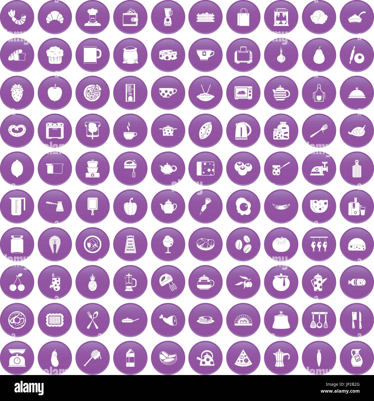 100 cooking icons set purple Stock Vector
