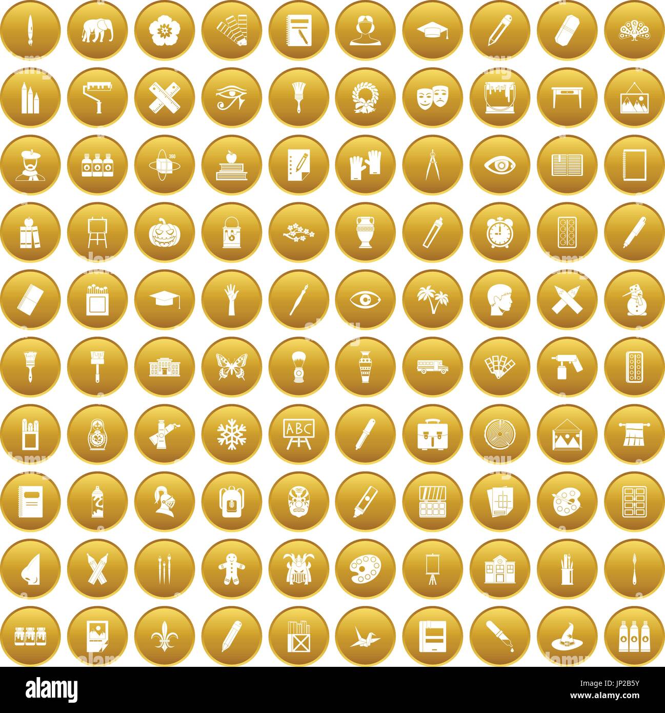 100 paint school icons set gold Stock Vector