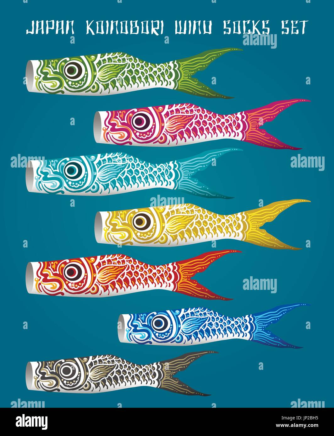 Japan fish flag set. Flying or carp streamers for japanese childrens day vector illustration Stock Vector