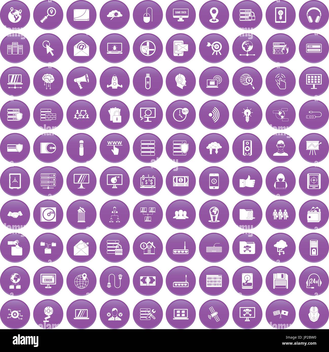 100 cyber security icons set purple Stock Vector