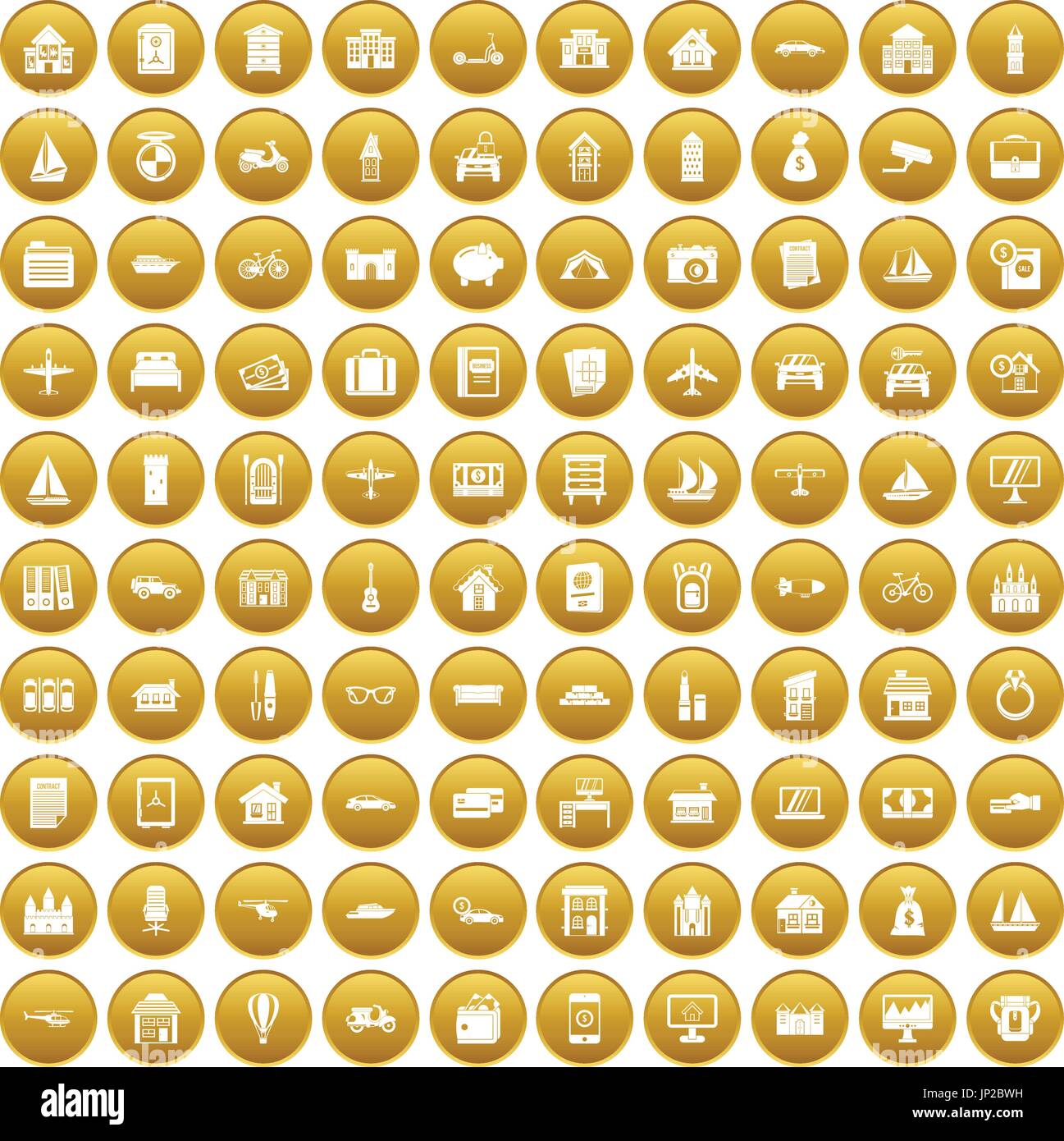 100 property icons set gold Stock Vector