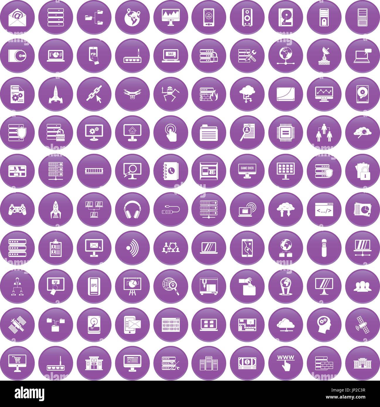 100 database and cloud icons set purple Stock Vector