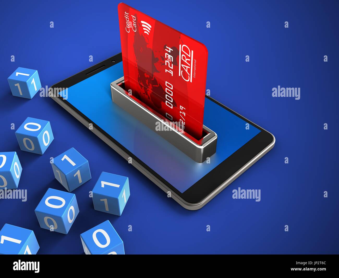 3d illustration of mobile phone over blue background with binary cubes ...