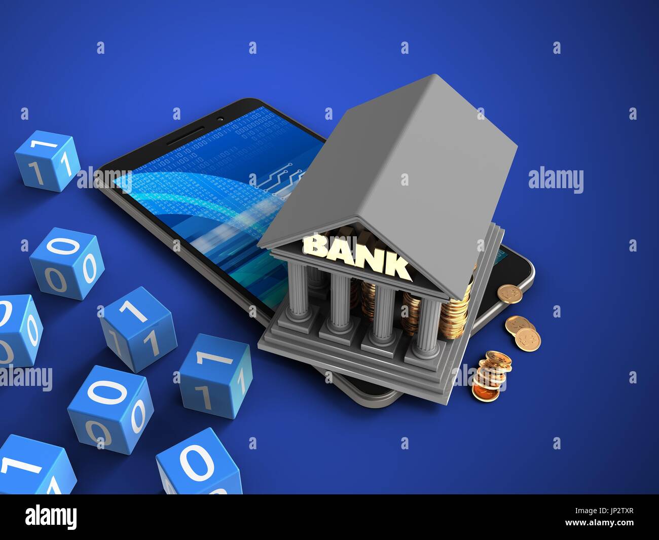 3d illustration of mobile phone over blue background with binary cubes ...