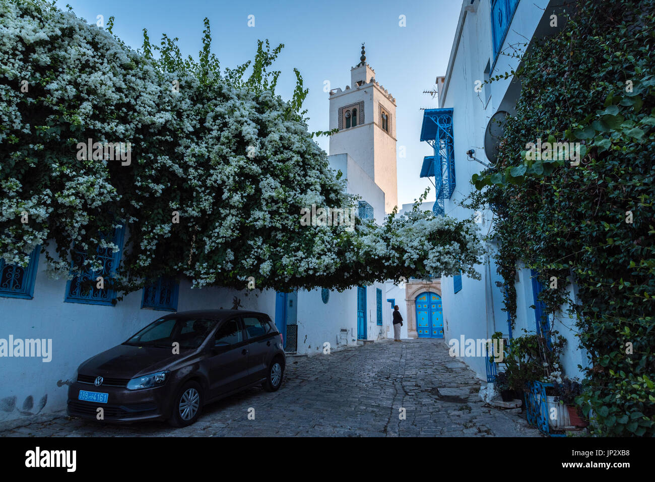 Car in an Alley, and Mosque Stock Photo