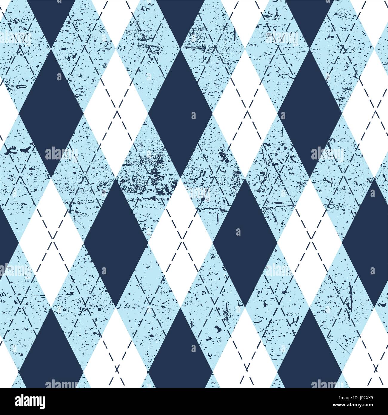 Seamless argyle aged pattern. Traditional diamond check print in moderate blue, soft blue and white with black stitch and grunge texture. Grunge vinta Stock Vector