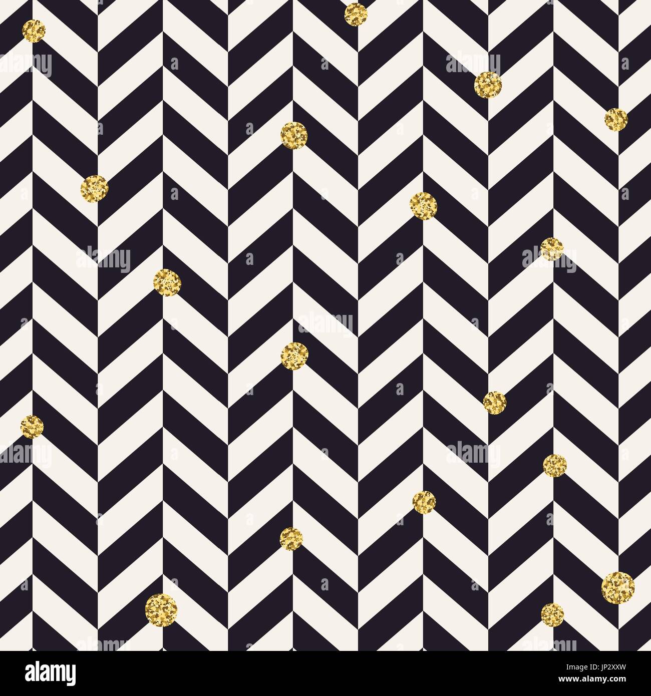 Chevron black pattern and golden chaotic dots. Seamless pattern design background. Stock Vector