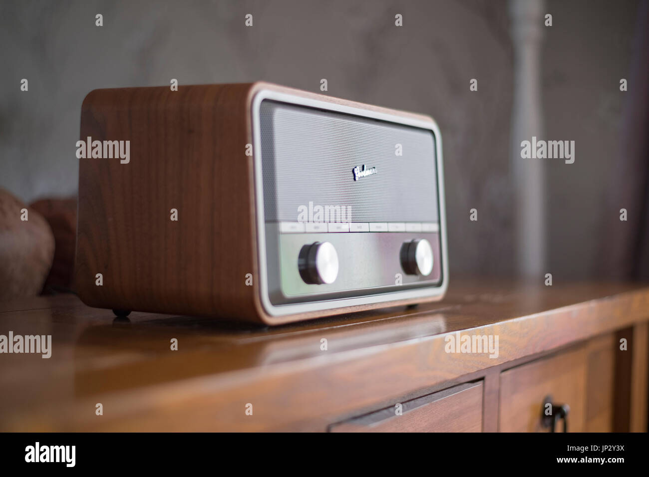 Modern Goodmans DAB radio with a lovely retro wood finish Stock Photo