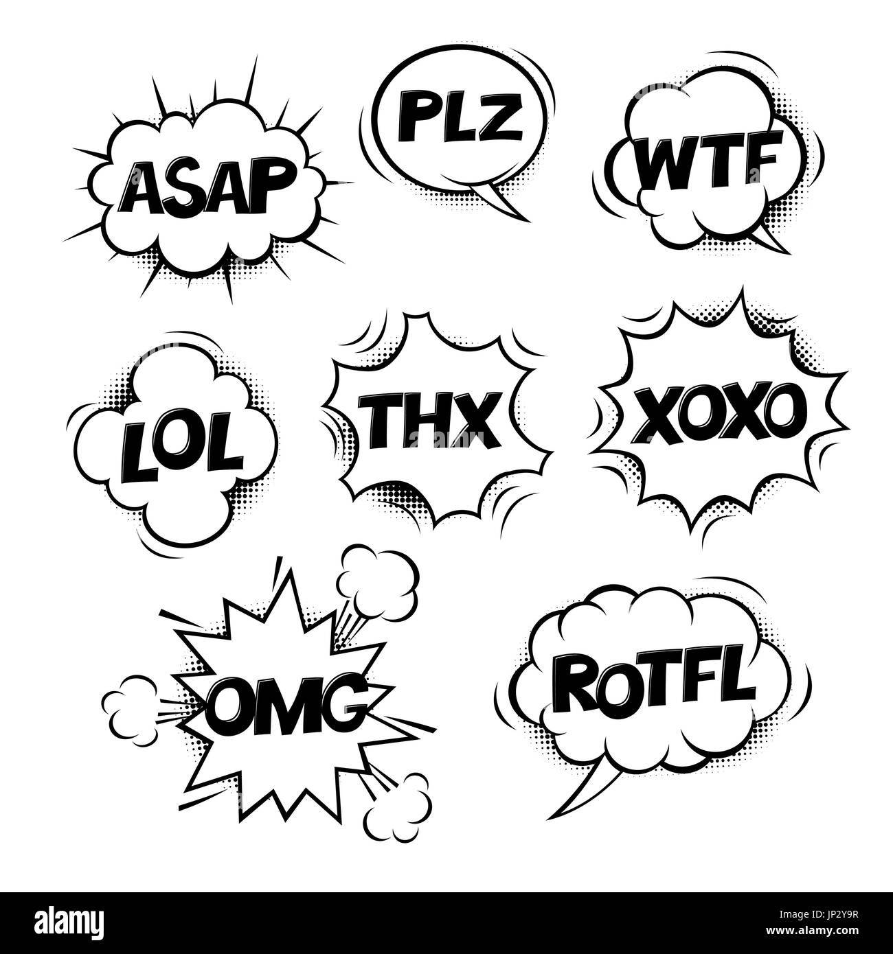 Most common used internet acronyms on comics style monochrome (black & white) speech bubbles. Stock Vector