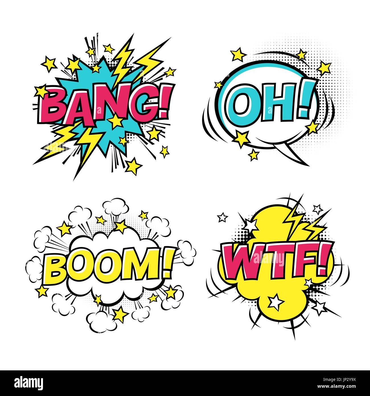 Comic speech bubbles set with different emotions and text BOOM, OH, BANG, WTF. Vector cartoon illustrations isolated on white background. Halftones, s Stock Vector