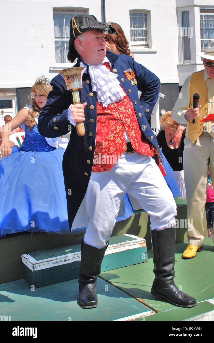 Nick Lynas, Town Crier, speaks at the annual Old Town Carnival at Hastings in East Sussex, England on July 30, 2011. Stock Photo