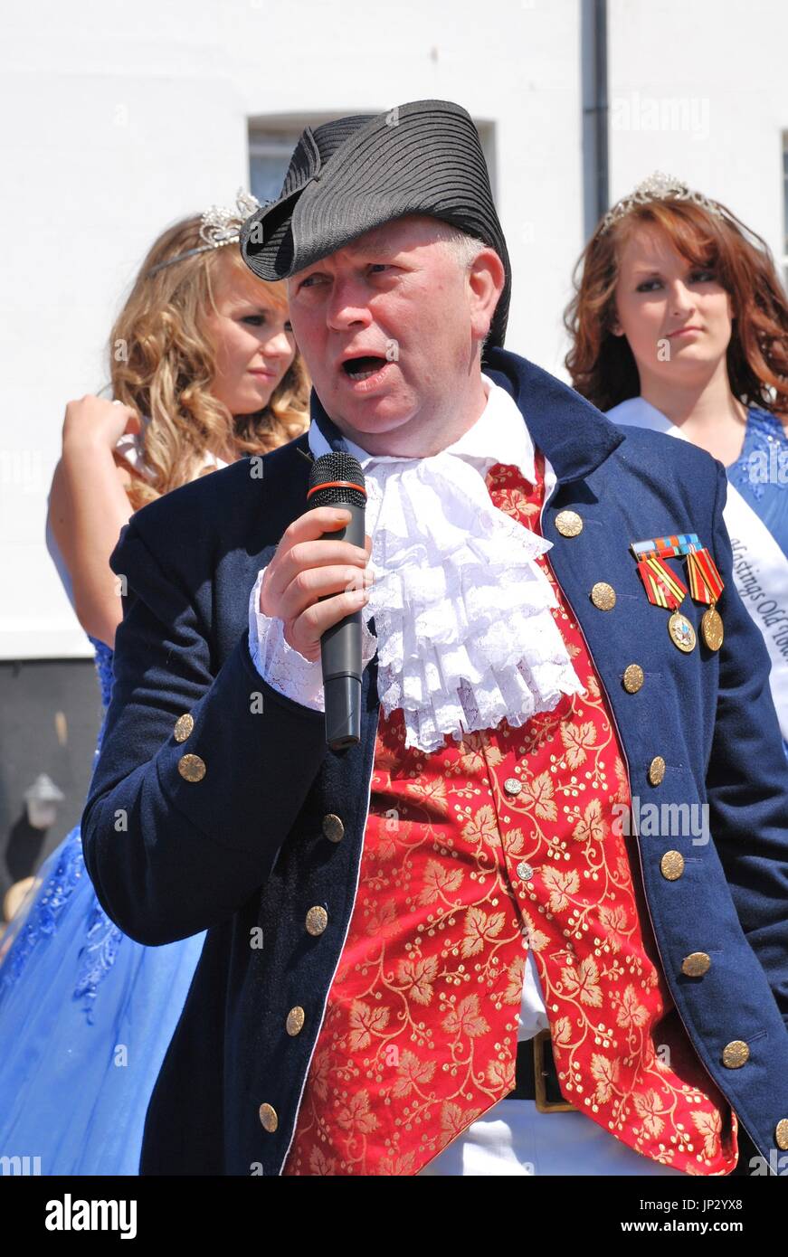 Nick Lynas, Town Crier, speaks at the annual Old Town Carnival at Hastings in East Sussex, England on July 30, 2011. Stock Photo