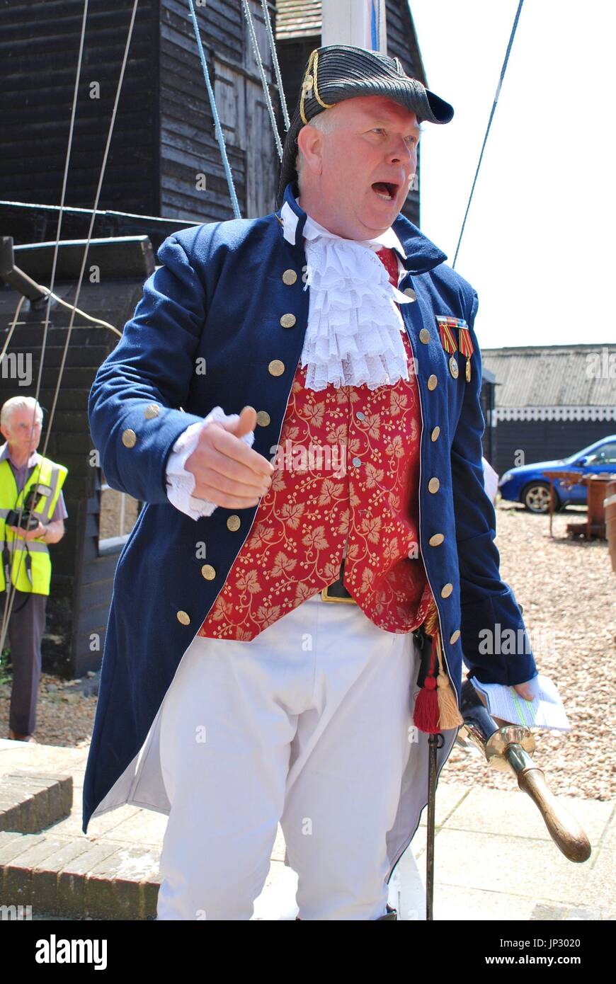 Nick Lynas, Town Crier, speaks at the annual Old Town Carnival at Hastings in East Sussex, England on July 30, 2011. Stock Photo