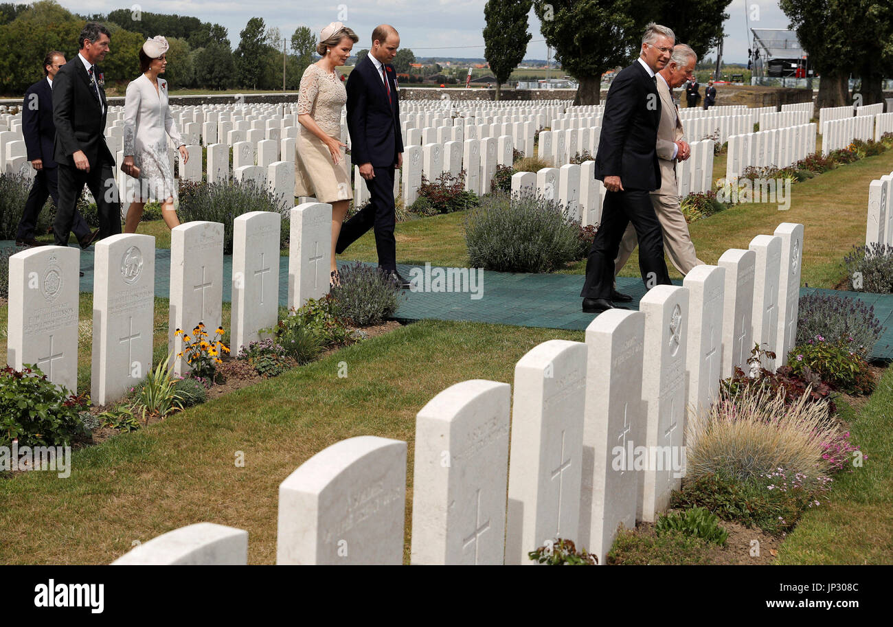 Belgium's King Philippe and Queen Mathilde, the Prince of Wales and the Duke and Duchess of Cambridge arrive at the Tyne Cot Commonwealth War Graves Cemetery in Ypres, Belgium, for commemorations to mark the centenary of Passchendaele. Stock Photo