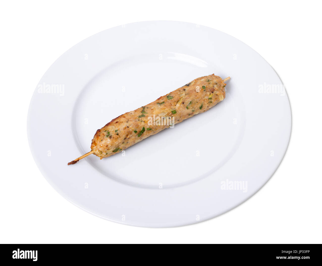 Delicios chicken lula kebab.   Isolated on a white background. Stock Photo