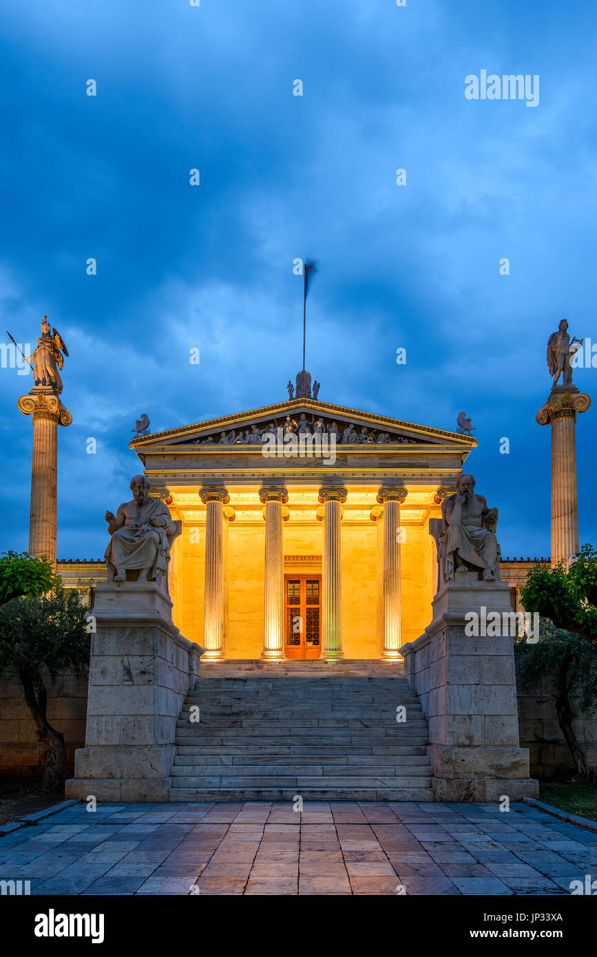 Night view of the main building of the Academy of Athens, Athens, Attica, Greece Stock Photo
