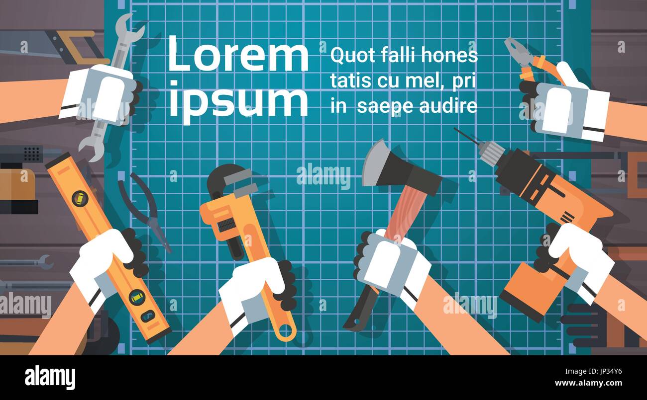 Hands Holding Tools Repair And Construction Working Equipment Over Copy ...