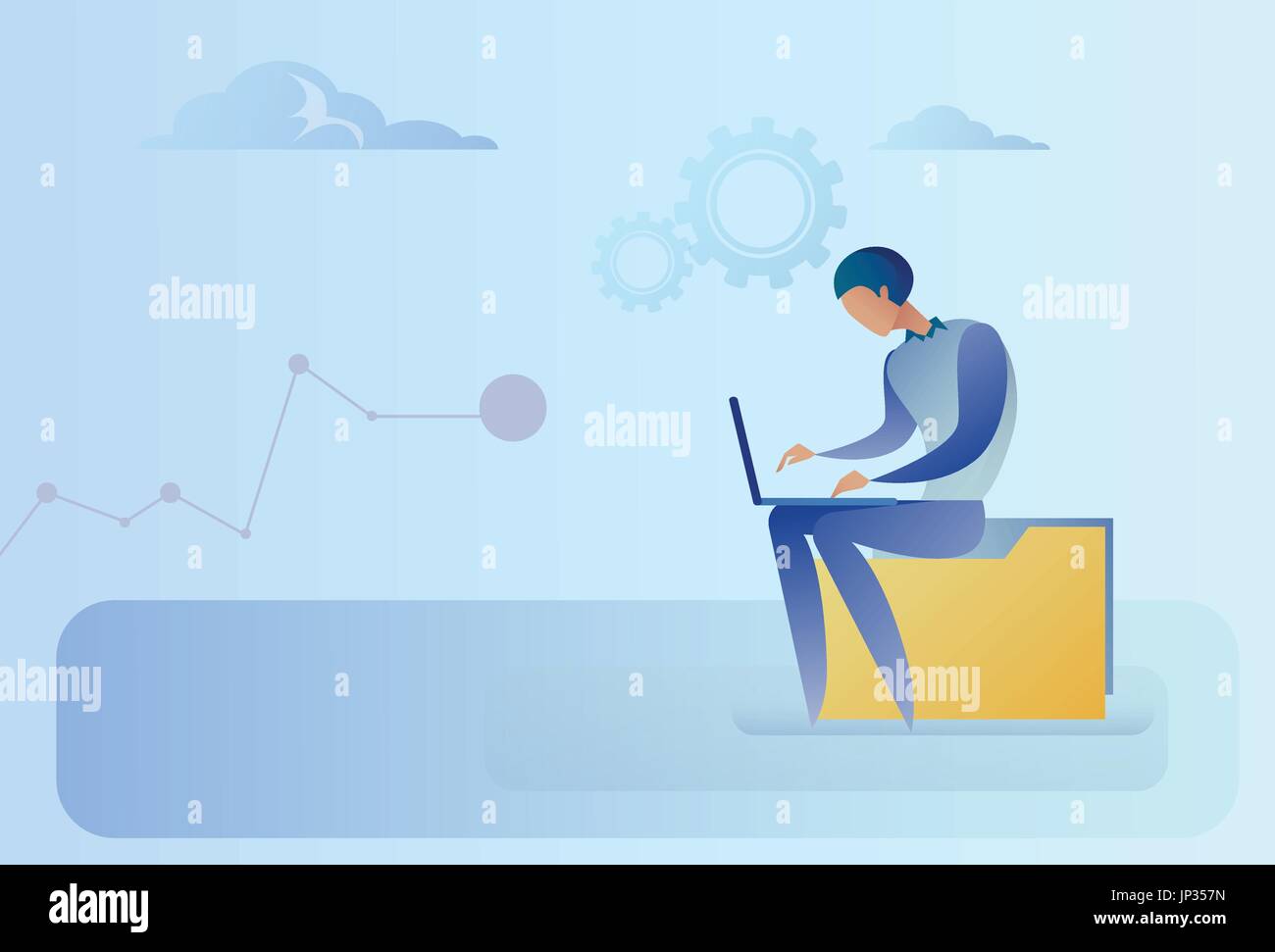 Abstract Business Man Sitting On Data Folder Working Laptop Computer Stock Vector