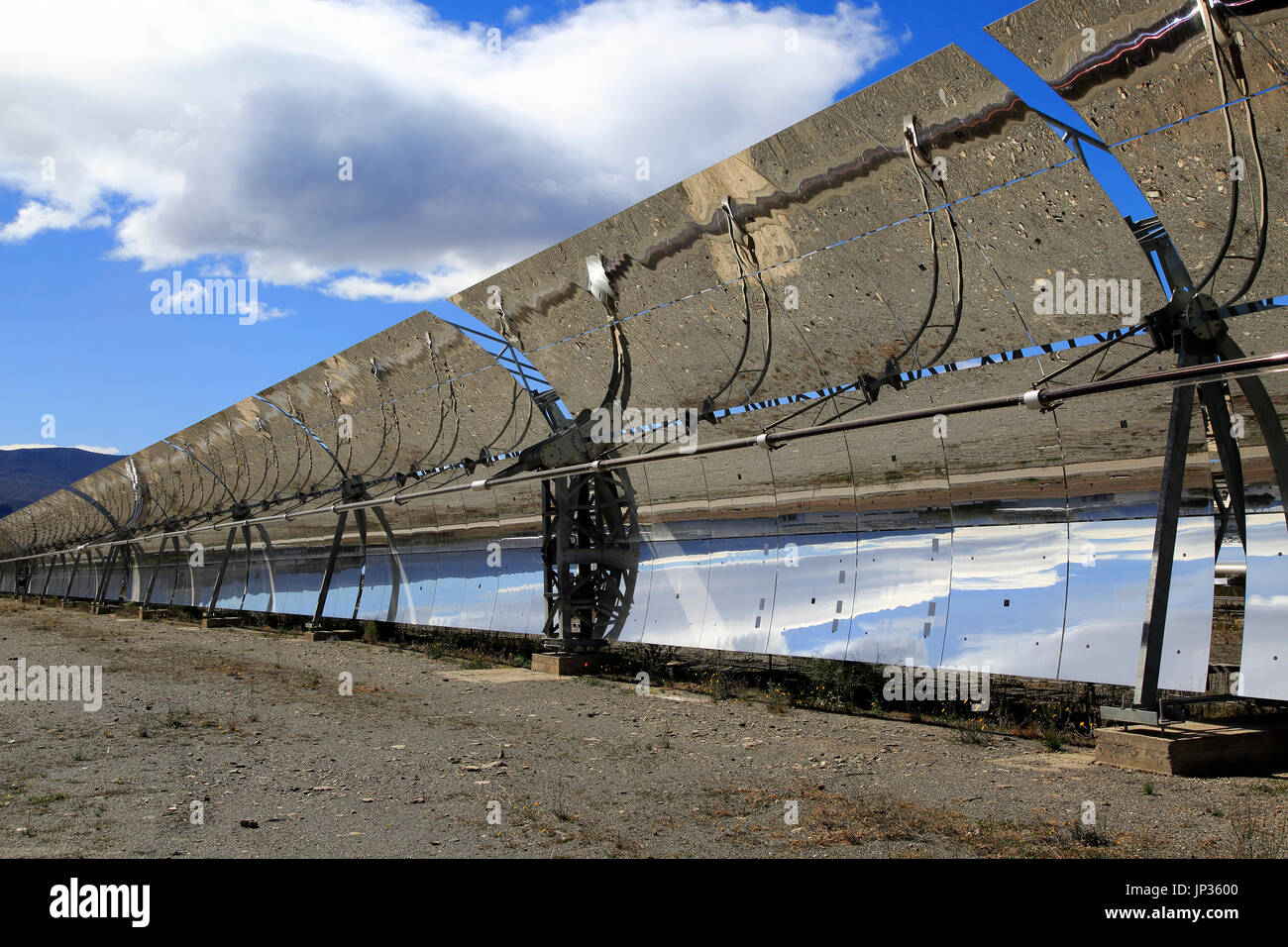 Curved concave reflector mirrors at the solar energy scientific research centre, Tabernas, Almeria, Spain Stock Photo