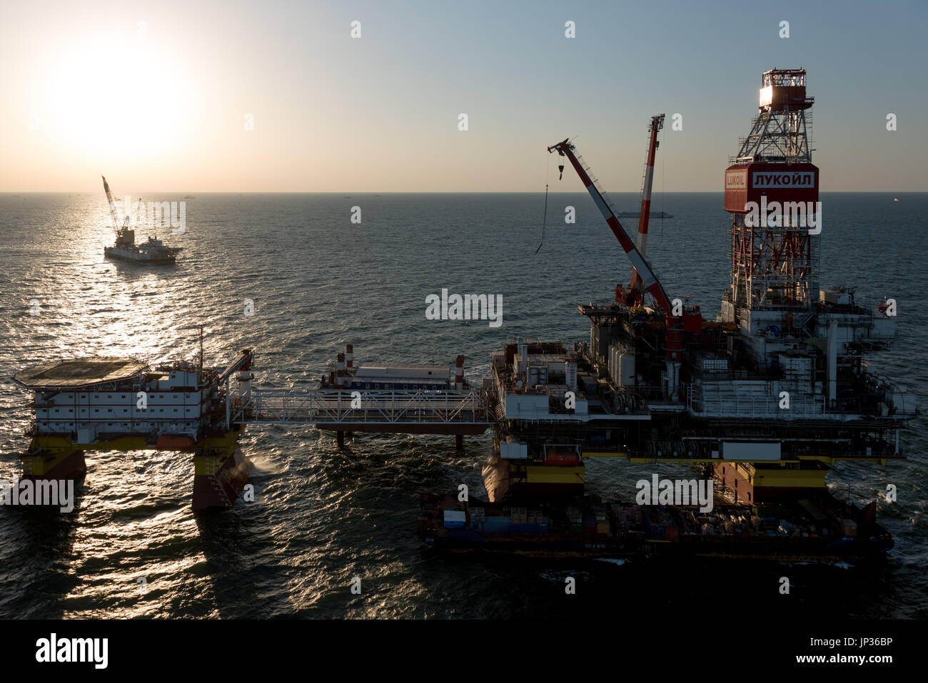 Oil rig platform on Lukoil Filanovsky oil field at the Caspian Sea