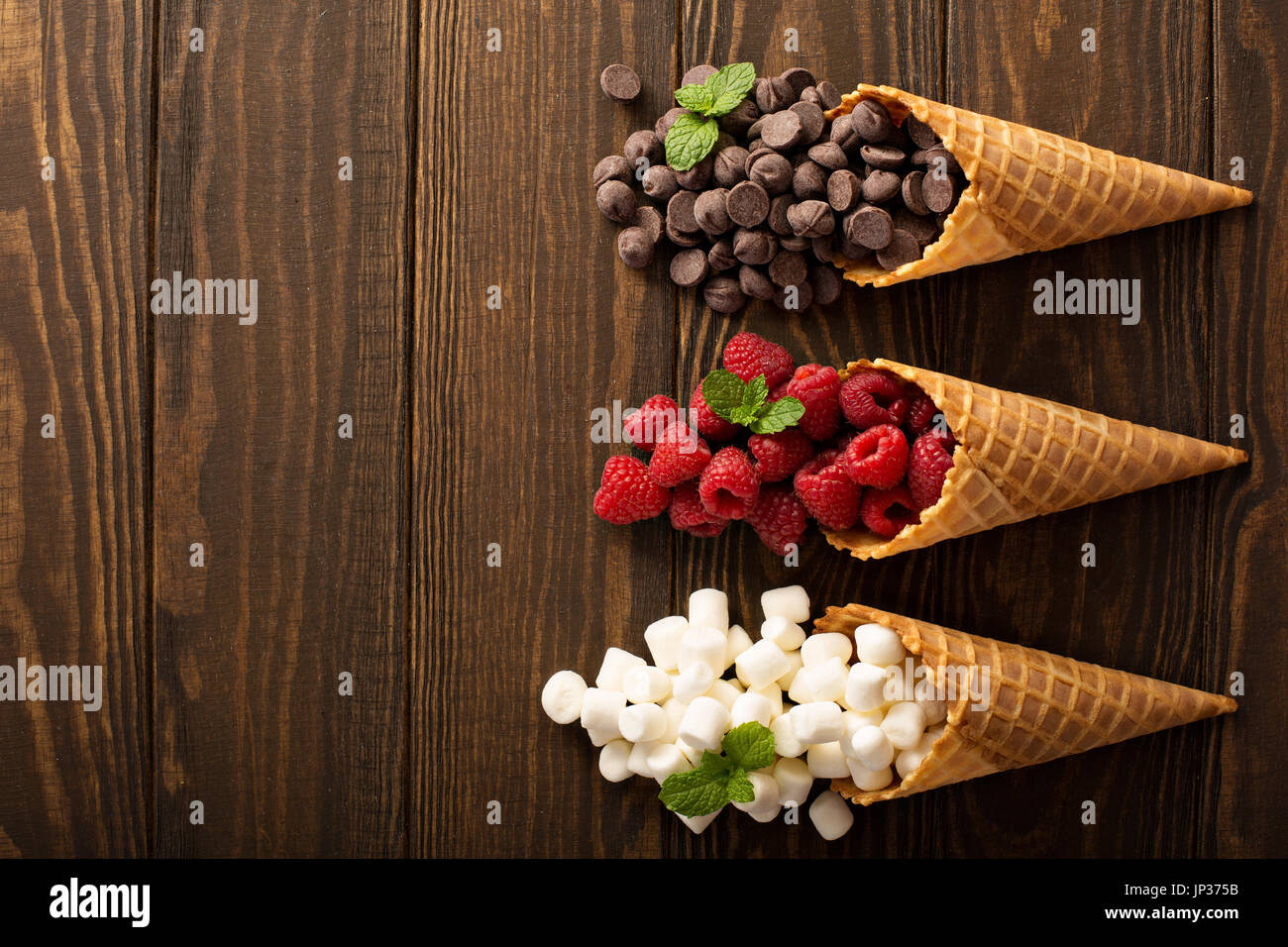 Ingrediens for smore's dessert in a waffle cone Stock Photo