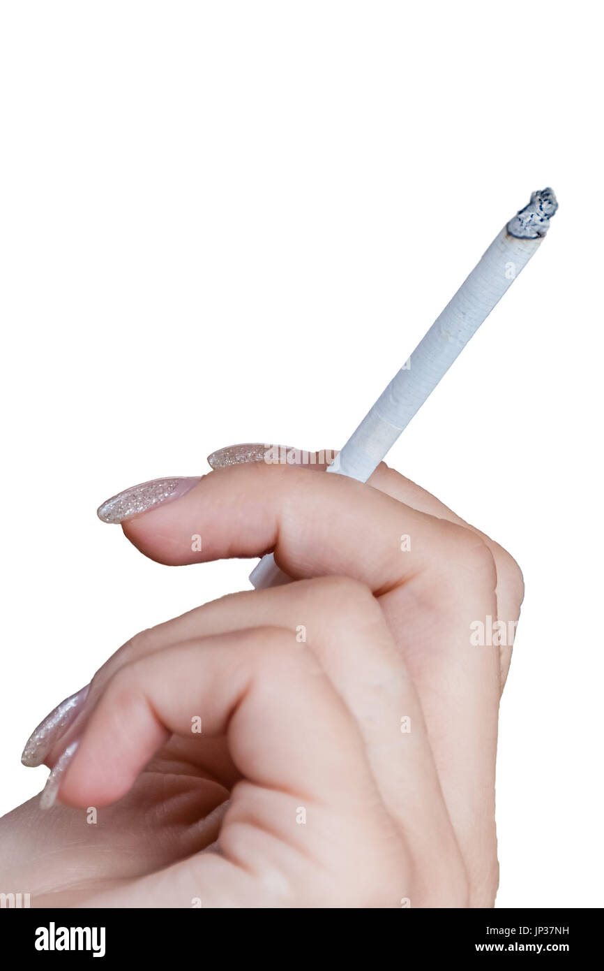 Female Hand holding a cigarette isolated on white background Stock Photo