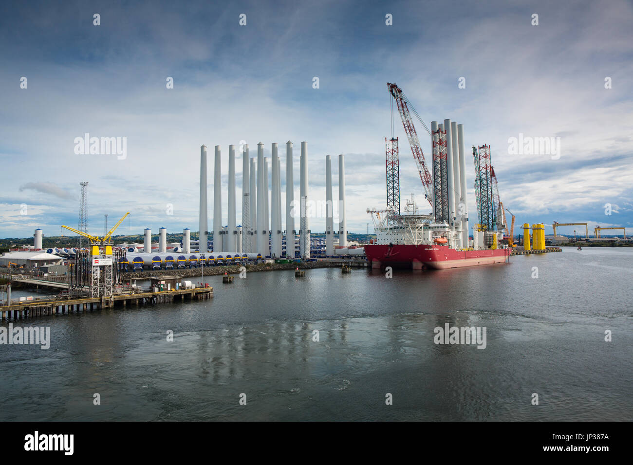 Floating wind farm parts at Belfast dock awaiting shipping and assembly. Stock Photo