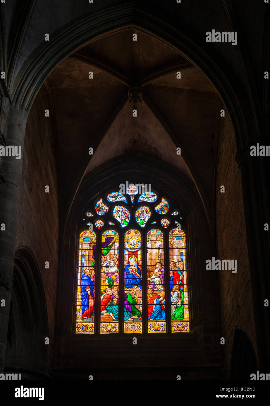 France, Brittany, Cotes-d'Armor department, Guingamp, stained glass window at the Basilica Notre Dame de Bon Secours Stock Photo