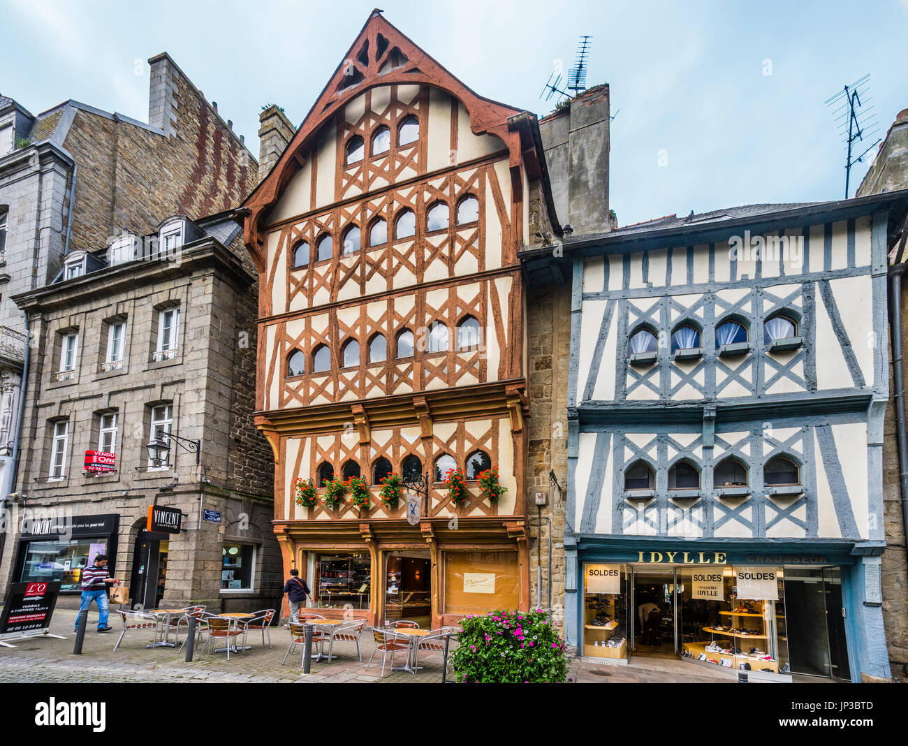 France, Brittany, Cotes-d'Armor department, Guingamp, Rue Edouard Ollivro, 16th century half-timbered houses in the historic town center Stock Photo