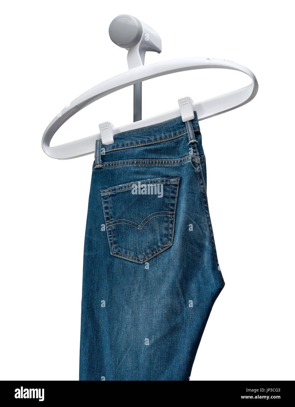 Closeup blue jeans, isolated on hanger Stock Photo Alamy