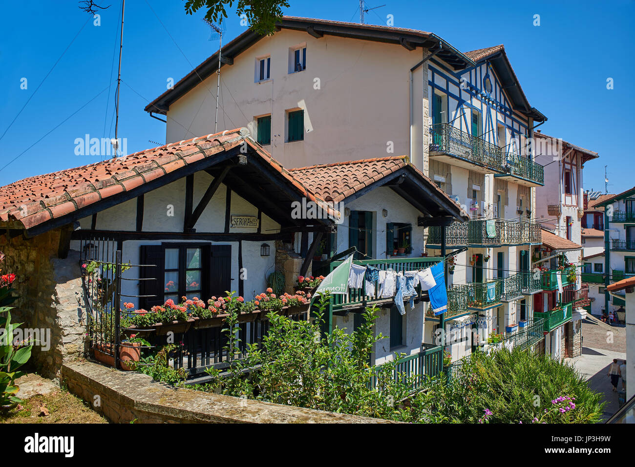 Hondarribia, Spain - July 16, 2017. Typical antique buildings in city centre of Hondarribia (Fuenterrabia), in Gipuzkoa, Basque Country, Spain. Stock Photo